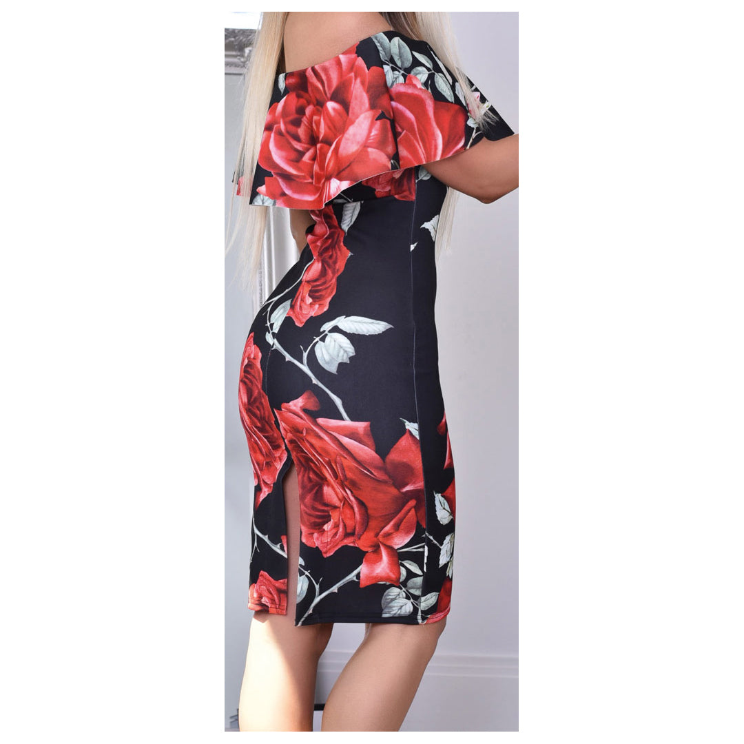 Black Floral Frill Overlay Bardot Bodycon Dress, Image 2 of 2