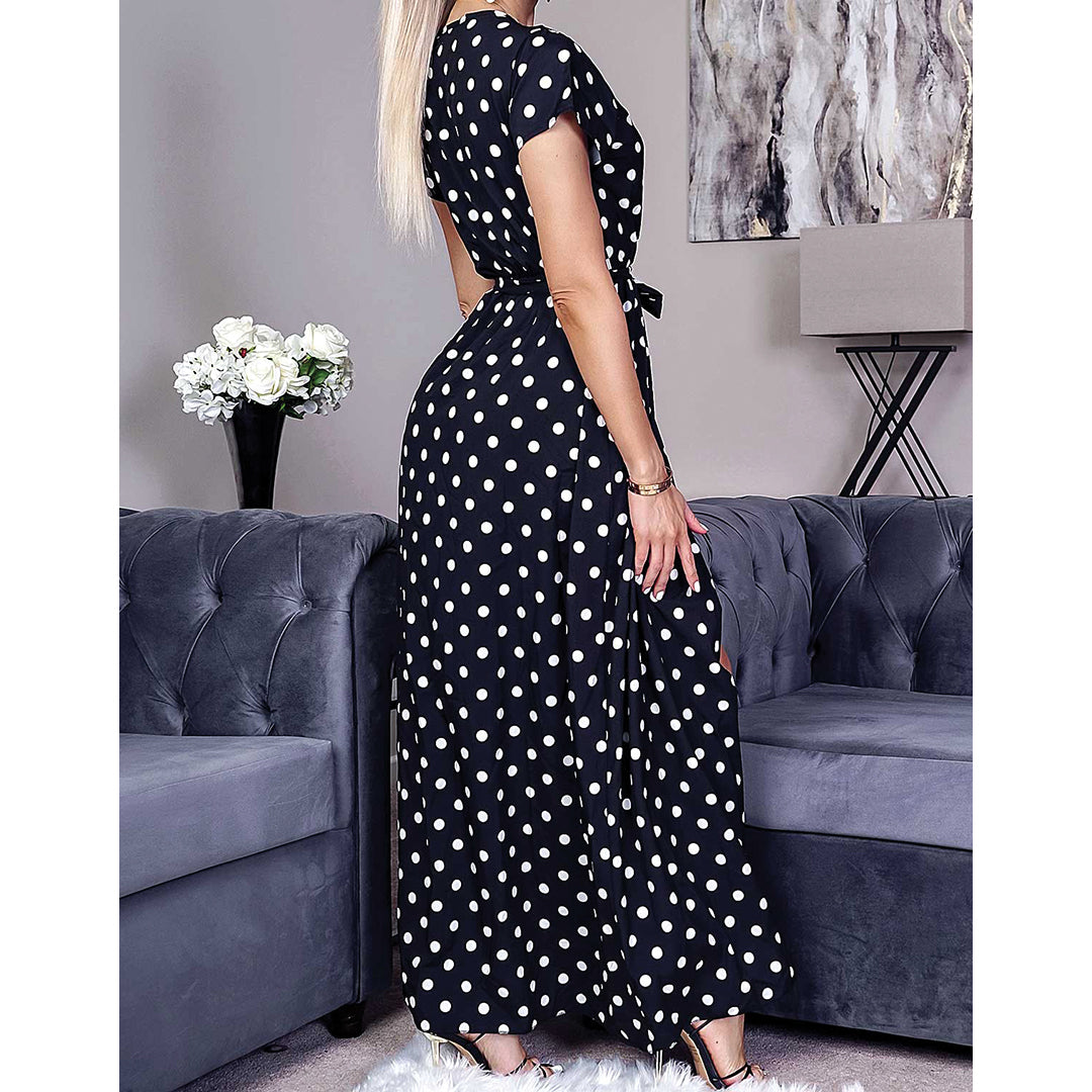 Black Polka Dot Wrap Maxi Dress, Image 2 of 2