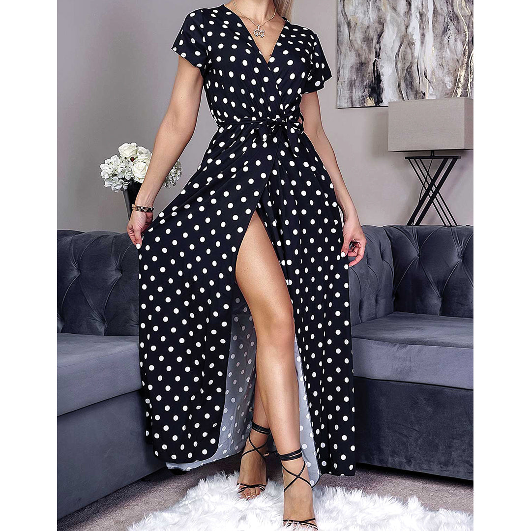 Black Polka Dot Wrap Maxi Dress, Image 1 of 2