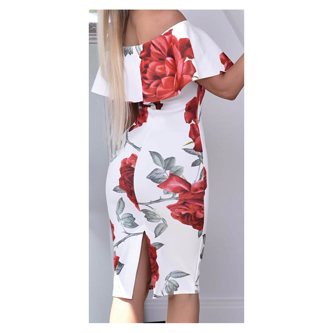 Ivory Floral Frill Overlay Bardot Bodycon Dress, Image 2 of 2