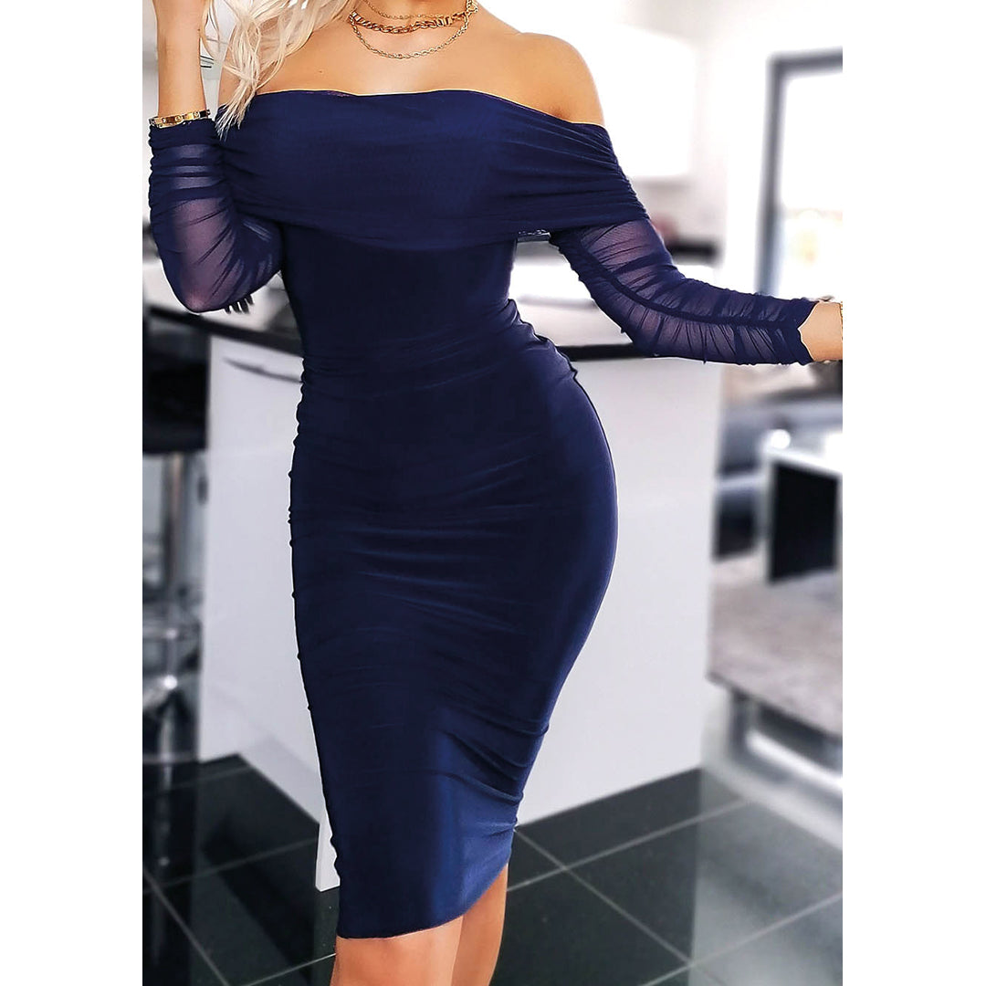 Navy Ruched Mesh Bardot Bodycon Dress, Image 1 of 2